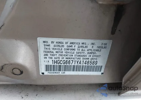 2000 Honda Accord 2.3 Ex z USA, uszkodzony, nr VIN 1HGCG6671YA146589